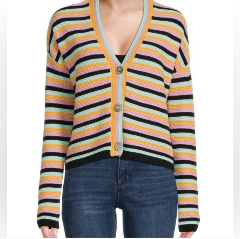 Lisa Todd V neck Colorful Striped Knit Cardigan Sweater